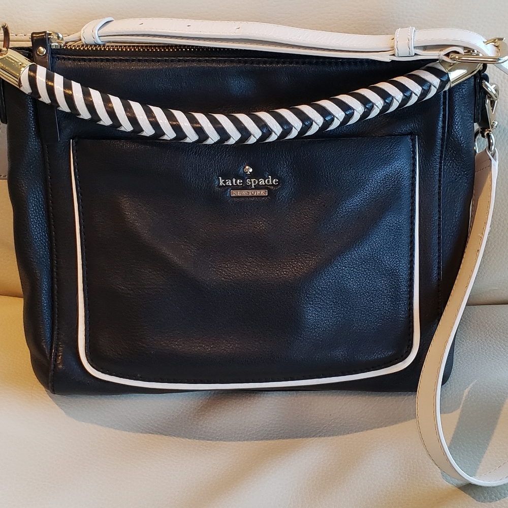 Kate Spade black and white leather crossbody tote with top handle